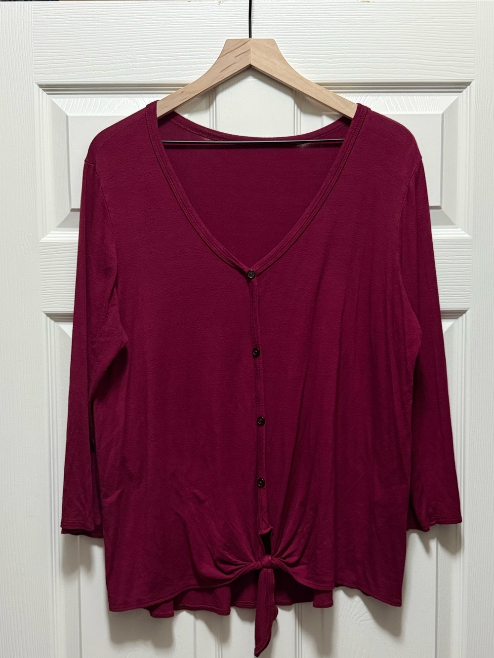 Plus Size 2X Burgundy Tie Front Button Down Long Sleeve Top